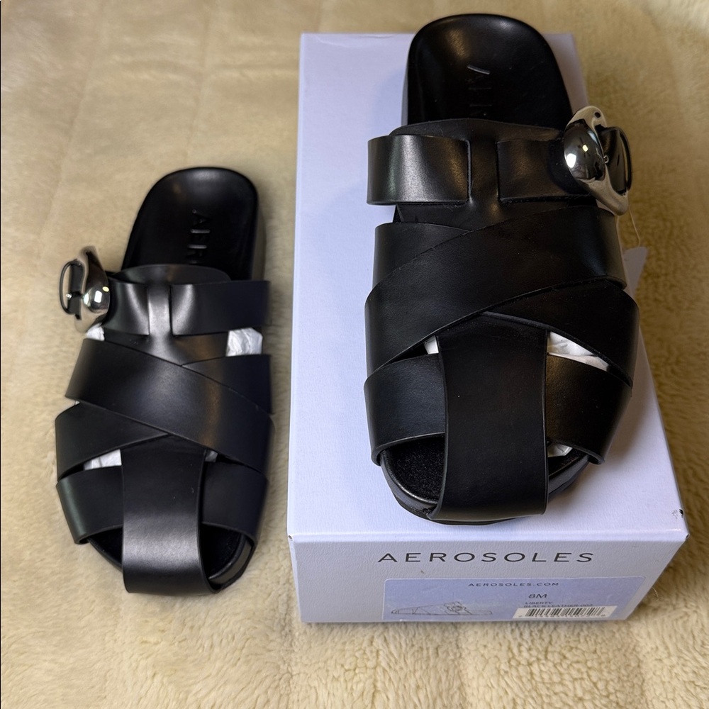 Aerosoles Liberty Fisherman Leather Mules Black Slip On Shoes Ladies 8M - Picture 4 of 16